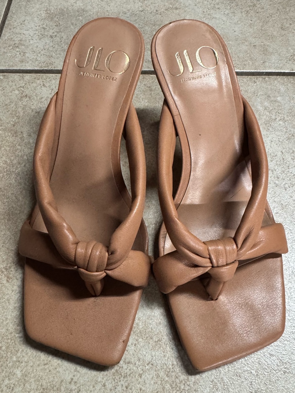 Jennifer Lopez Tan Knotted Slide Sandals